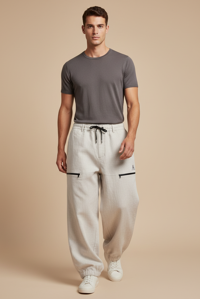 Pantalon Baggy Beige Ample Zippé Casual Homme - Molleton