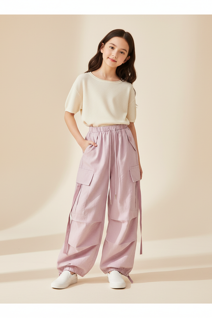 Pantalon Baggy Violet Cargo Ample Fille Cordon - Toile