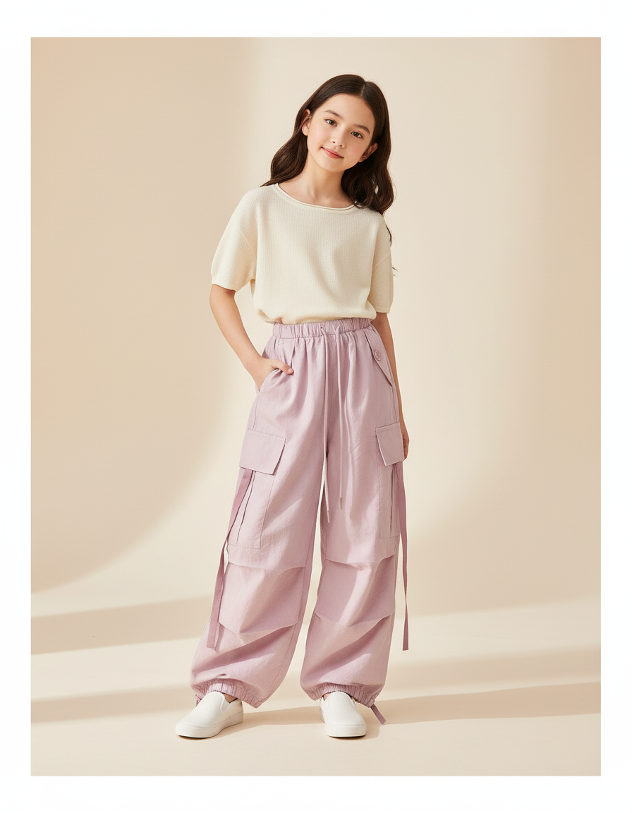Pantalon Baggy Violet Cargo Ample Fille Cordon - Toile