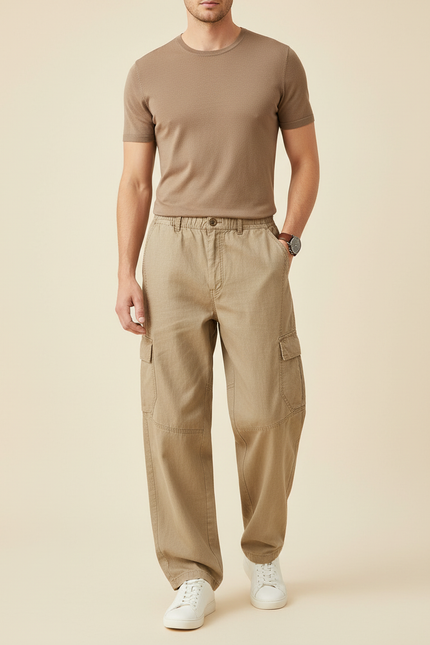 Pantalon Baggy Beige Coton Cargo Ample Décontracté Homme - Toile