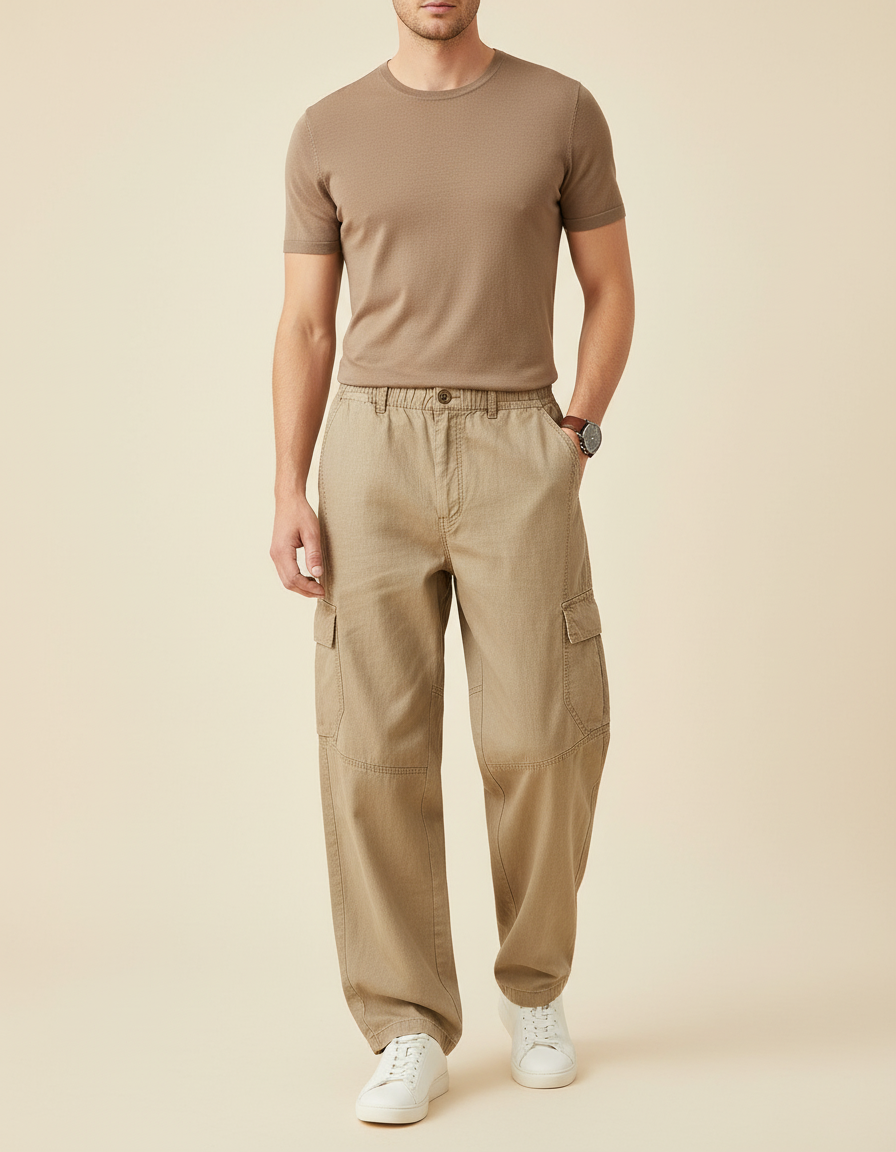 Pantalon Baggy Beige Coton Cargo Ample Décontracté Homme - Toile