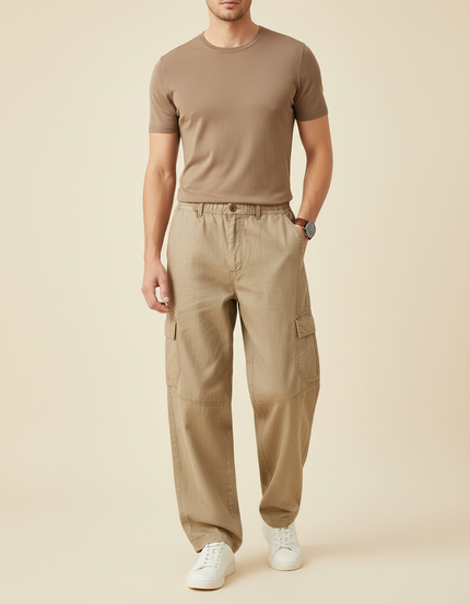 Pantalon Baggy Beige Coton Cargo Ample Décontracté Homme - Toile