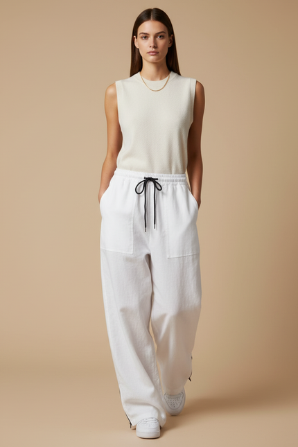 Pantalon Baggy Blanc Ample Cordon Décontracté Fluide - Lin