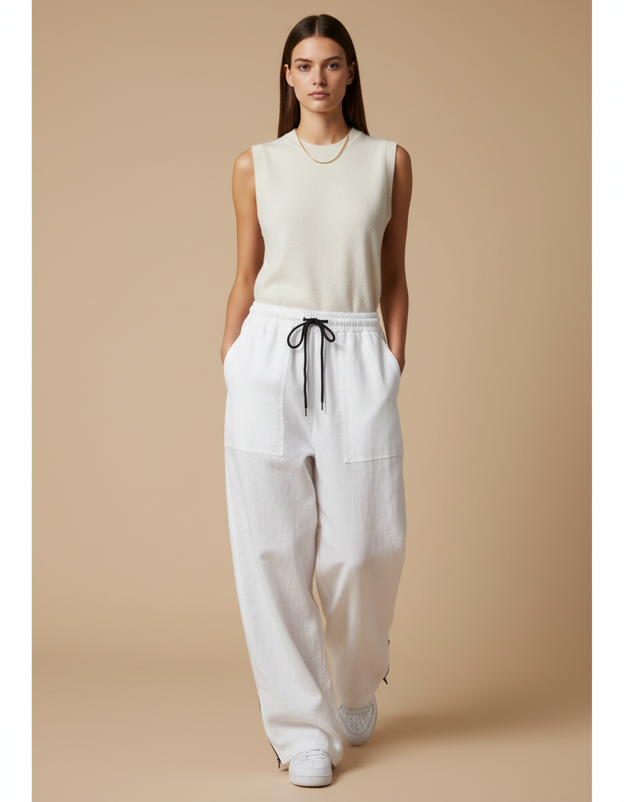 Pantalon Baggy Blanc Ample Cordon Décontracté Fluide - Lin