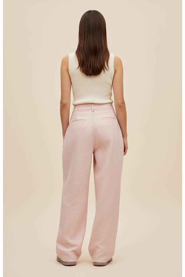 Pantalon Baggy Rose Poudré Ample Plissé Fluide - Laine - vue 2