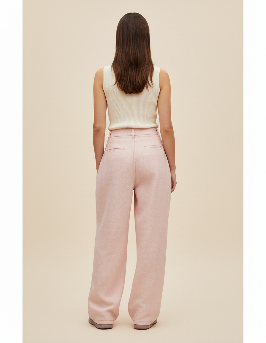 Pantalon Baggy Rose Poudré Ample Plissé Fluide - Laine - vue 2