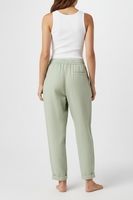 Pantalon Baggy Lin Vert Cordon Ample Décontracté Femme - vue 2