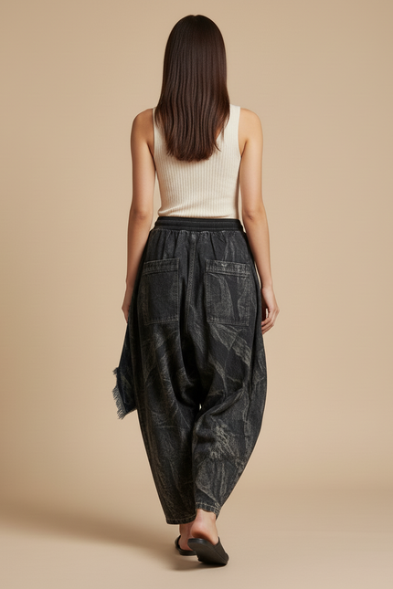 Pantalon Baggy Jean Délavé Ample Asymétrique Ethnique - Bleu - vue 2