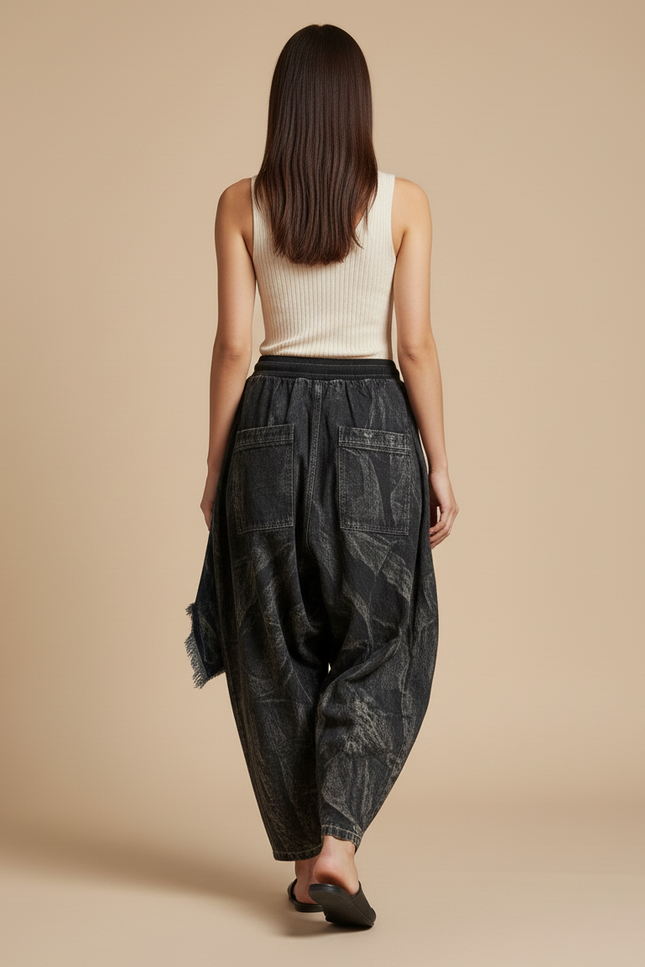 Pantalon Baggy Jean Délavé Ample Asymétrique Ethnique - Bleu - vue 2