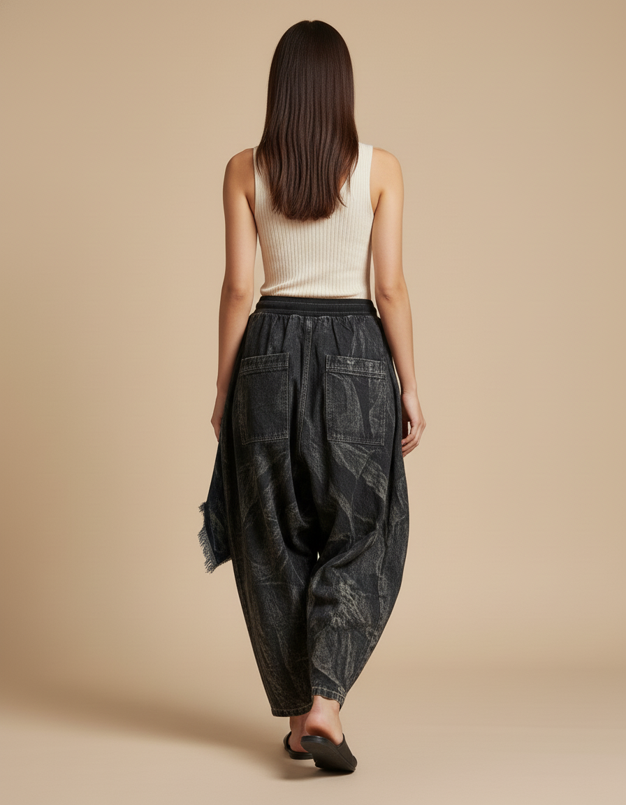 Pantalon Baggy Jean Délavé Ample Asymétrique Ethnique - Bleu - vue 2