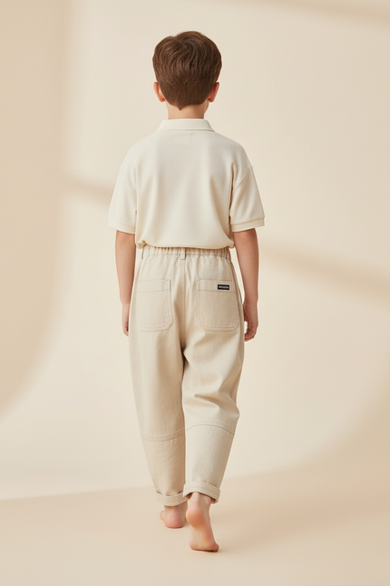 Pantalon Baggy Garçon Beige Taille Haute - Toile - vue 2