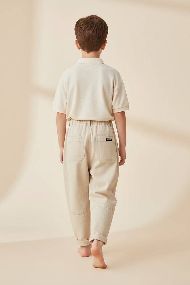 Pantalon Baggy Garçon Beige Taille Haute - Toile - vue 2