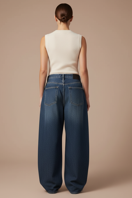 Pantalon Baggy Jean Bleu Ample Brodé Skull Femme - vue 2
