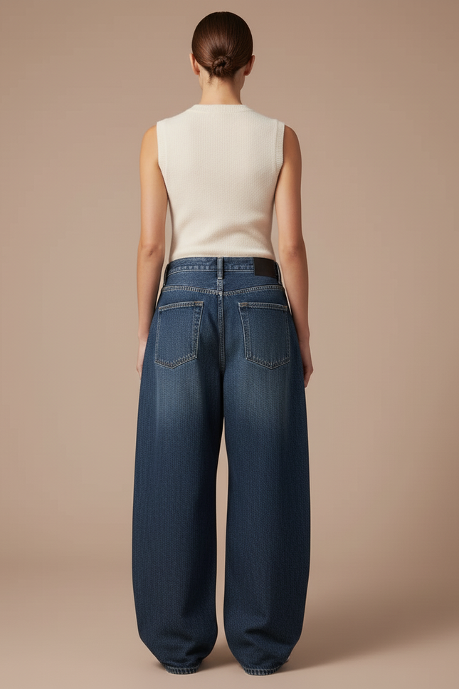 Pantalon Baggy Jean Bleu Ample Brodé Skull Femme - vue 2