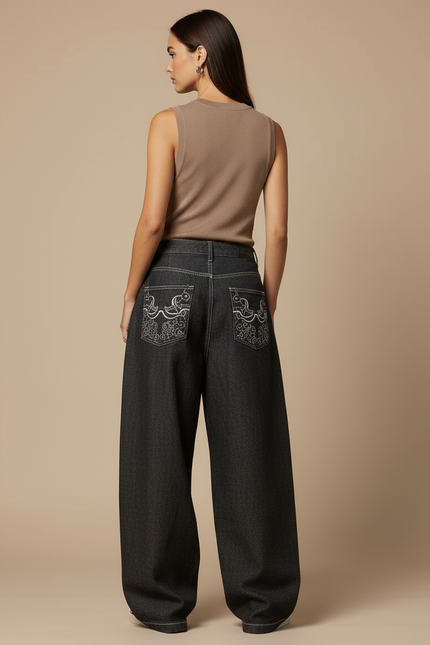 Pantalon Baggy Noir Brodé Ample Denim Femme - Jean - vue 2
