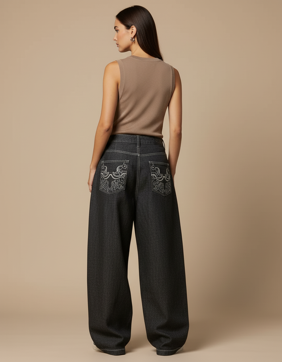 Pantalon Baggy Noir Brodé Ample Denim Femme - Jean - vue 2