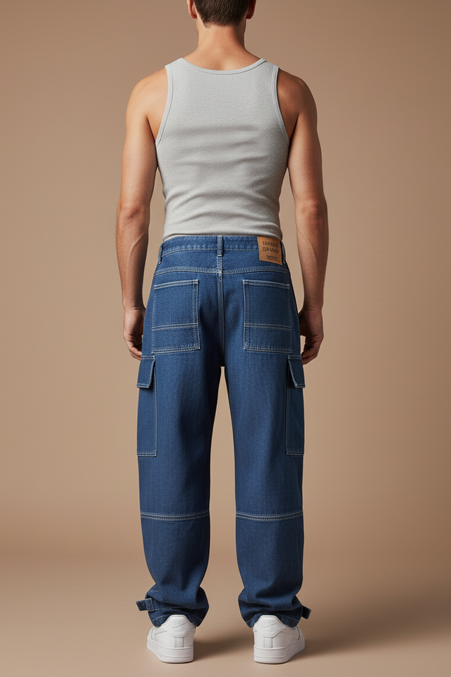 Pantalon Baggy Jean Denim Ample Cargo Bleu - vue 2