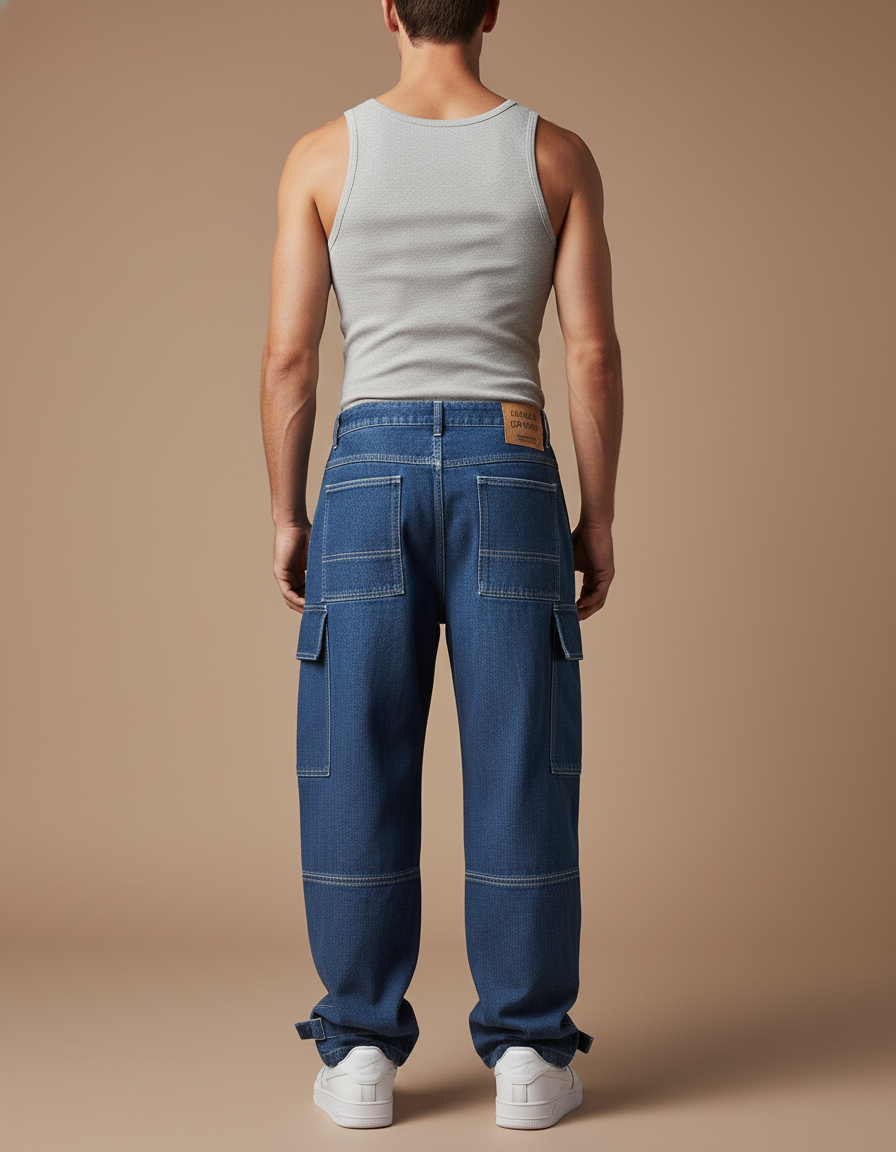 Pantalon Baggy Jean Denim Ample Cargo Bleu - vue 2