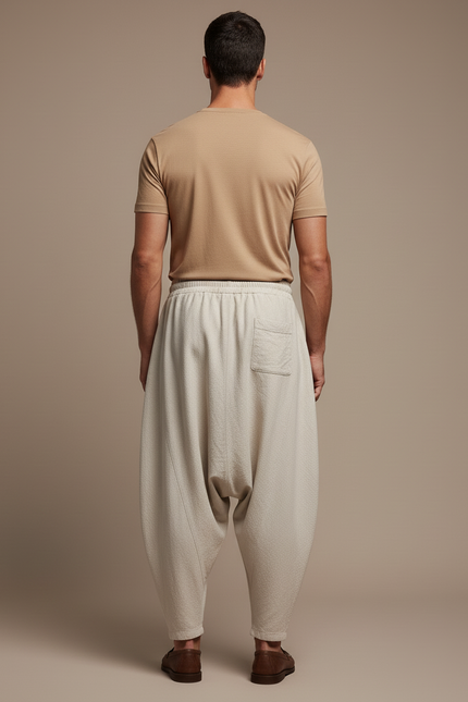 Pantalon Baggy Lin Beige Ample Décontracté Cordon Homme - vue 2