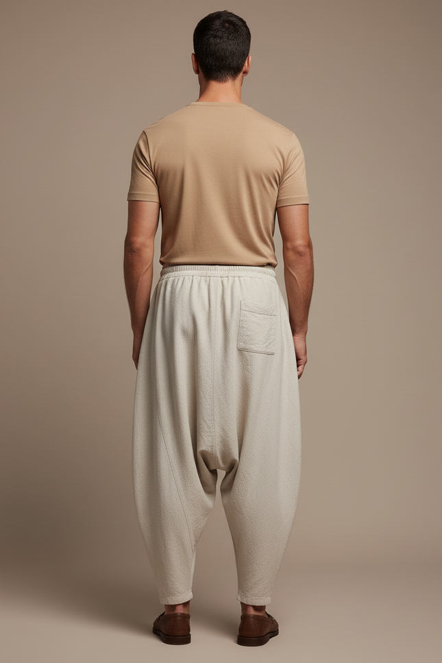 Pantalon Baggy Lin Beige Ample Décontracté Cordon Homme - vue 2