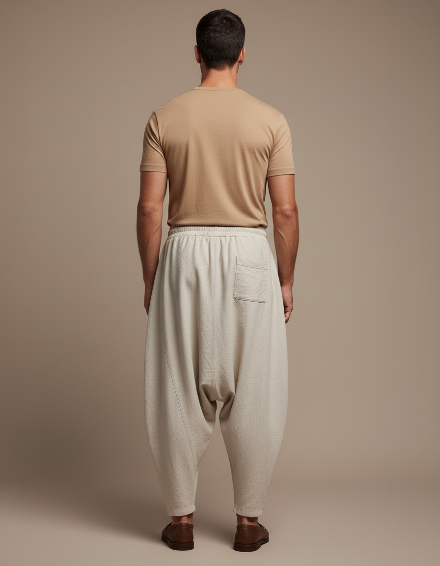 Pantalon Baggy Lin Beige Ample Décontracté Cordon Homme - vue 2