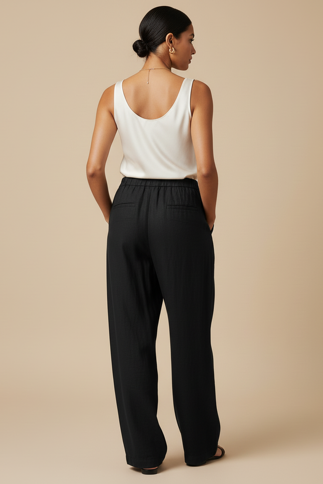 Pantalon Baggy Noir Lin Ample Droit Décontracté - vue 2