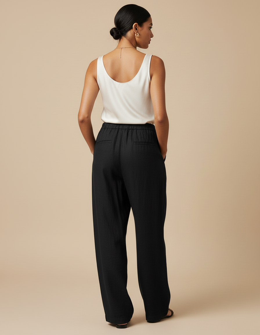 Pantalon Baggy Noir Lin Ample Droit Décontracté - vue 2