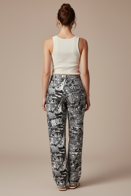 Pantalon Baggy Imprimé Comics Noir Blanc Fluide Femme - Viscose - vue 2