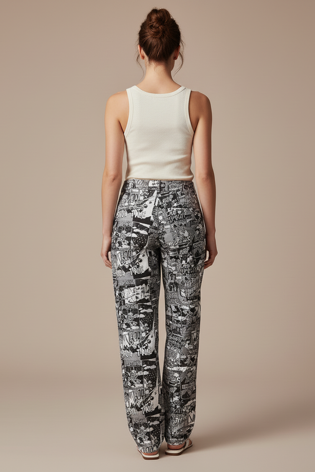 Pantalon Baggy Imprimé Comics Noir Blanc Fluide Femme - Viscose - vue 2