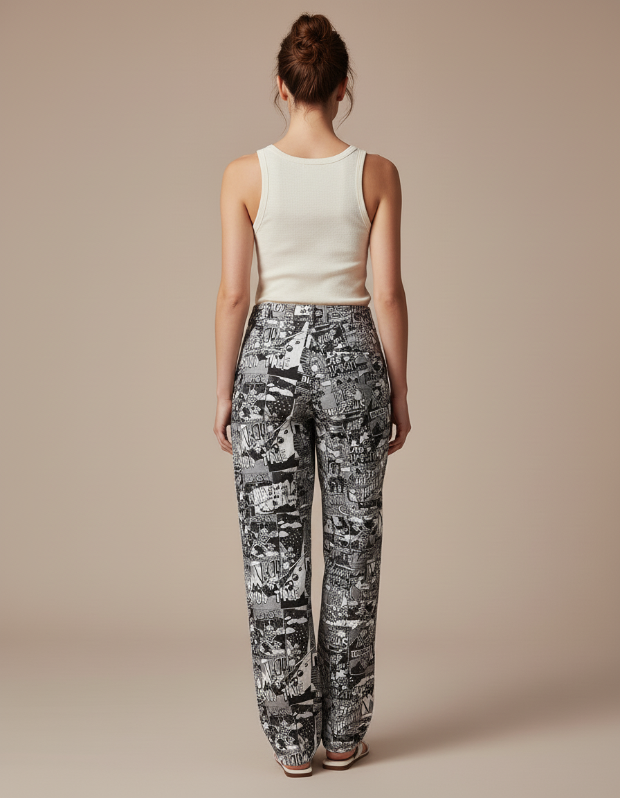 Pantalon Baggy Imprimé Comics Noir Blanc Fluide Femme - Viscose - vue 2