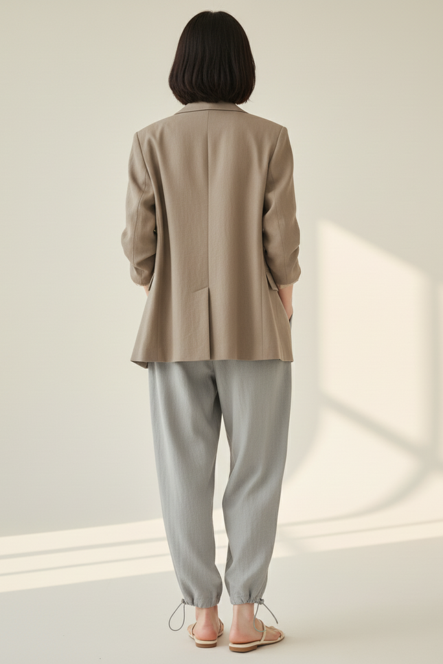Pantalon Baggy Gris Cordon Lin Ample Décontracté Femme - vue 2