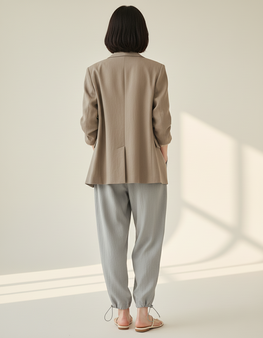 Pantalon Baggy Gris Cordon Lin Ample Décontracté Femme - vue 2
