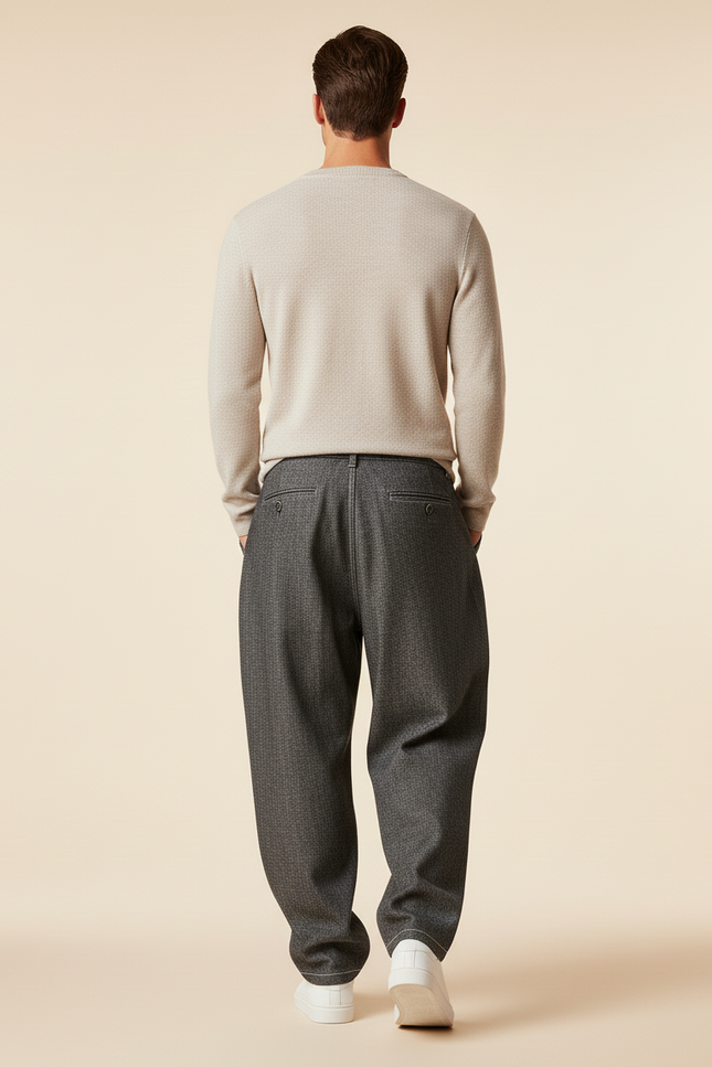 Pantalon Baggy Gris Plissé Ample Homme Brodé - Laine - vue 2