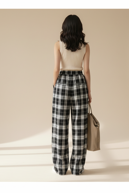 Pantalon Baggy Carreaux Noir Blanc Décontracté Ample - Multicolore Molleton - vue 2