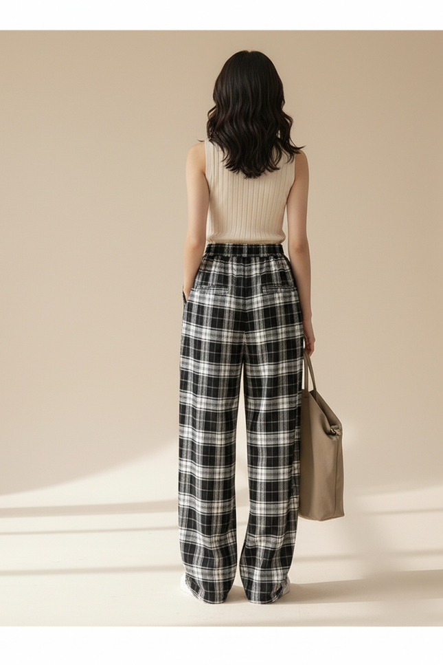 Pantalon Baggy Carreaux Noir Blanc Décontracté Ample - Multicolore Molleton - vue 2
