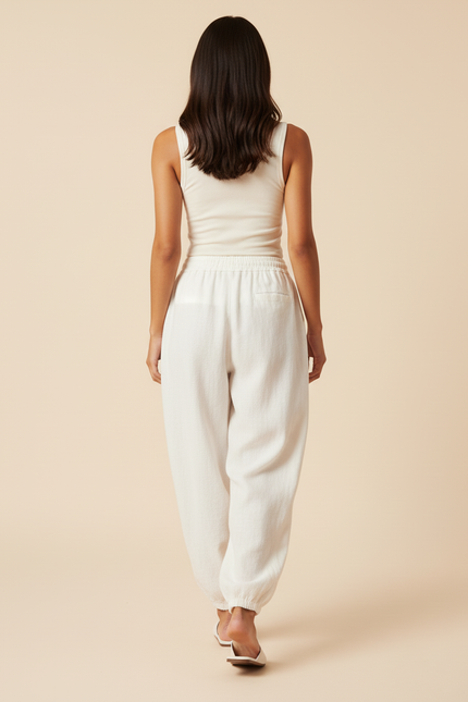 Pantalon Baggy Crème Lin Ample Confortable Femme - Blanc - vue 2