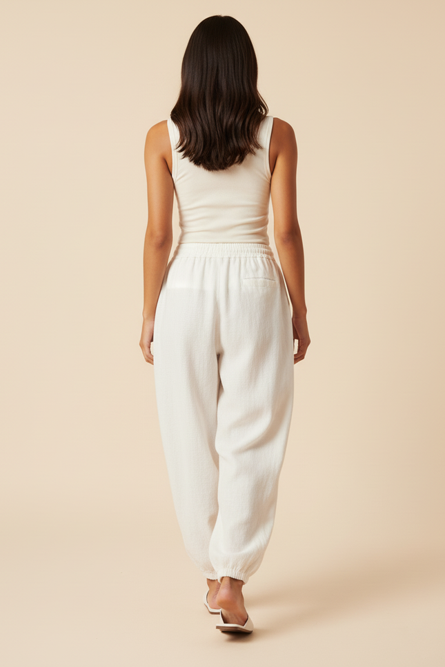 Pantalon Baggy Crème Lin Ample Confortable Femme - Blanc - vue 2
