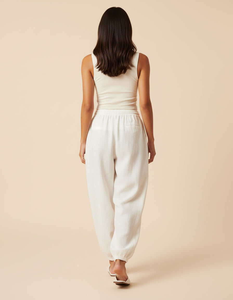 Pantalon Baggy Crème Lin Ample Confortable Femme - Blanc - vue 2