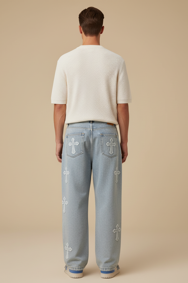 Pantalon Baggy Jean Bleu Délavé Croix Ample Homme - vue 2