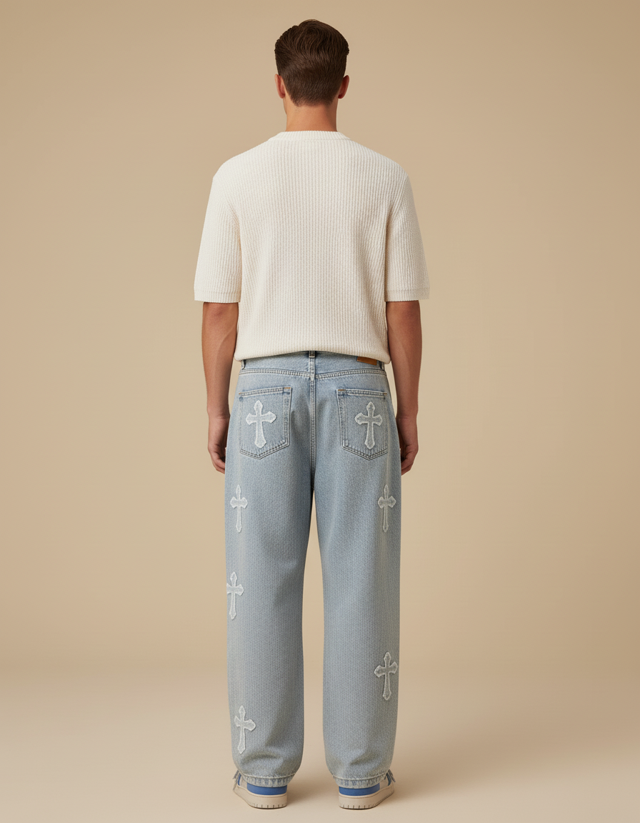 Pantalon Baggy Jean Bleu Délavé Croix Ample Homme - vue 2