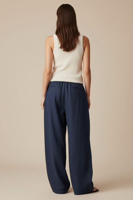 Pantalon Baggy Bleu Marine Fluide Ample Décontracté - Lin - vue 2