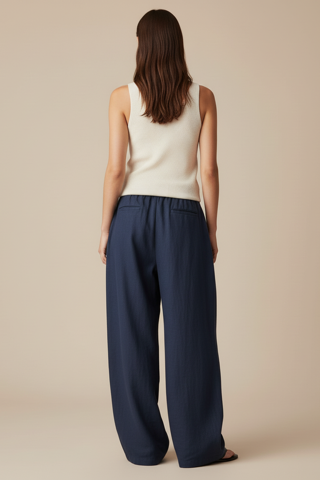 Pantalon Baggy Bleu Marine Fluide Ample Décontracté - Lin - vue 2