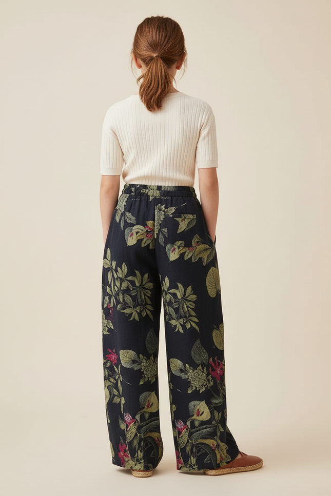 Pantalon Baggy Fleuri Noir Ample Fluide Bohème - Lin - vue 2