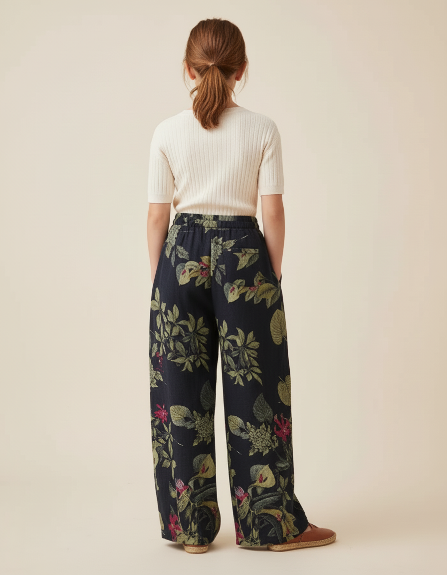 Pantalon Baggy Fleuri Noir Ample Fluide Bohème - Lin - vue 2