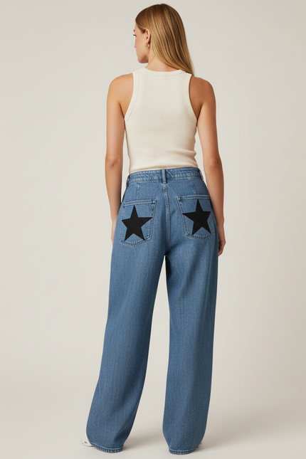 Pantalon Baggy Bleu Jean Étoiles Noires Ample Taille Haute - vue 2