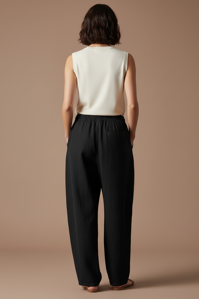 Pantalon Baggy Noir Ample Fluide Cordon Femme - Lin - vue 2