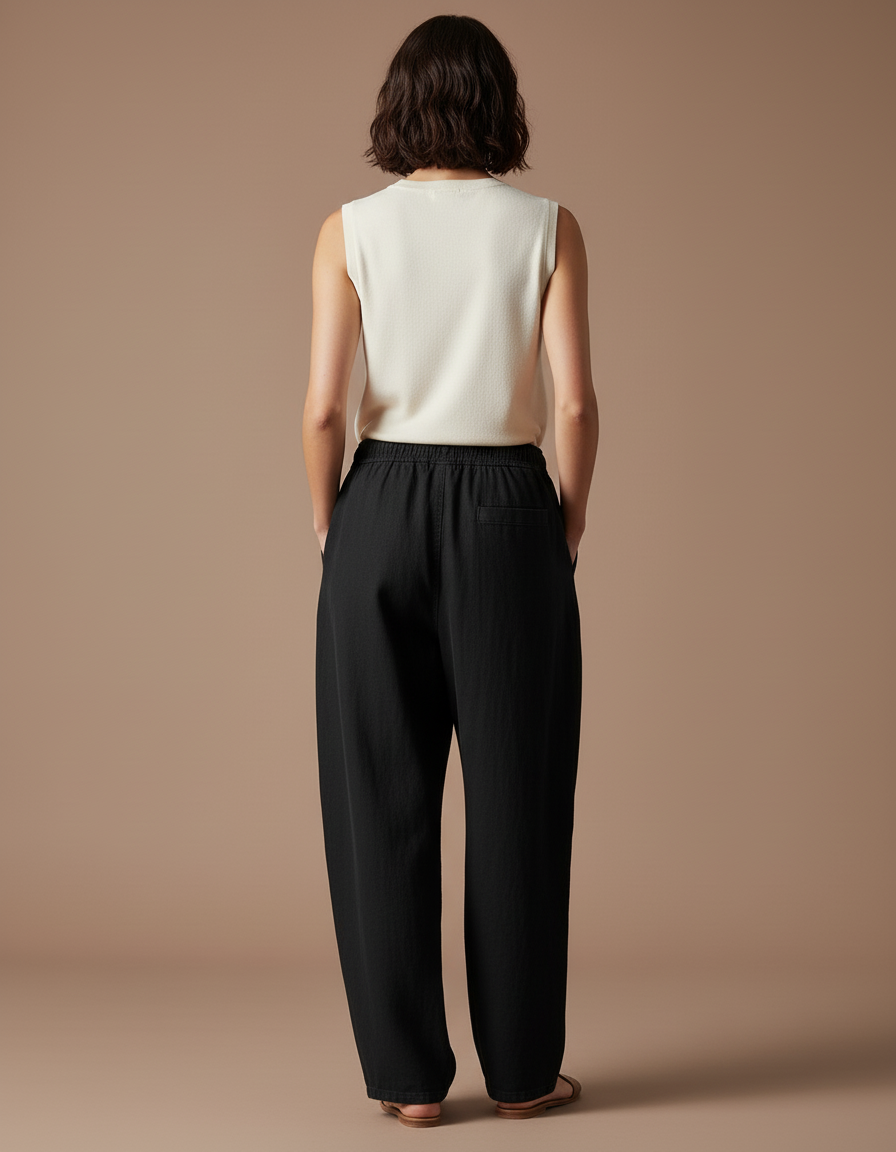 Pantalon Baggy Noir Ample Fluide Cordon Femme - Lin - vue 2