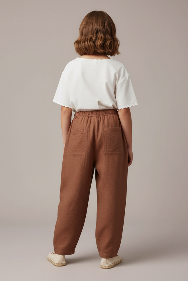 Pantalon Baggy Marron Lin Ample Décontracté Cordon - vue 2