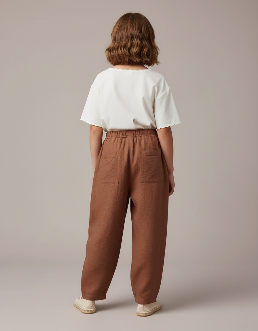 Pantalon Baggy Marron Lin Ample Décontracté Cordon - vue 2