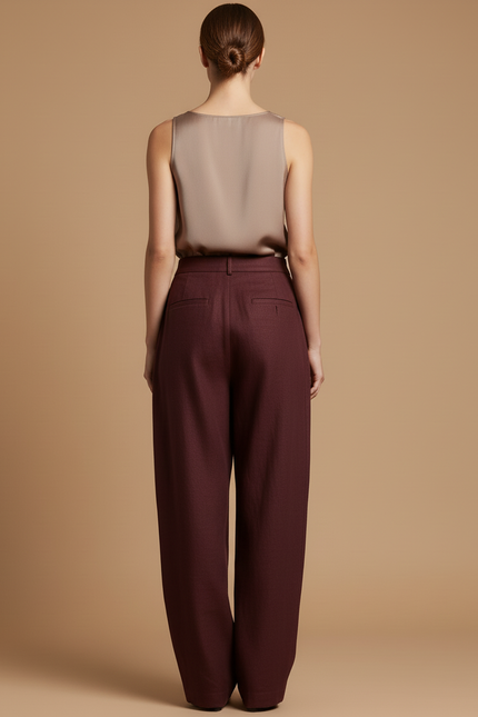 Pantalon Baggy Bordeaux Ample Droit Taille Haute Élégant - Laine - vue 2